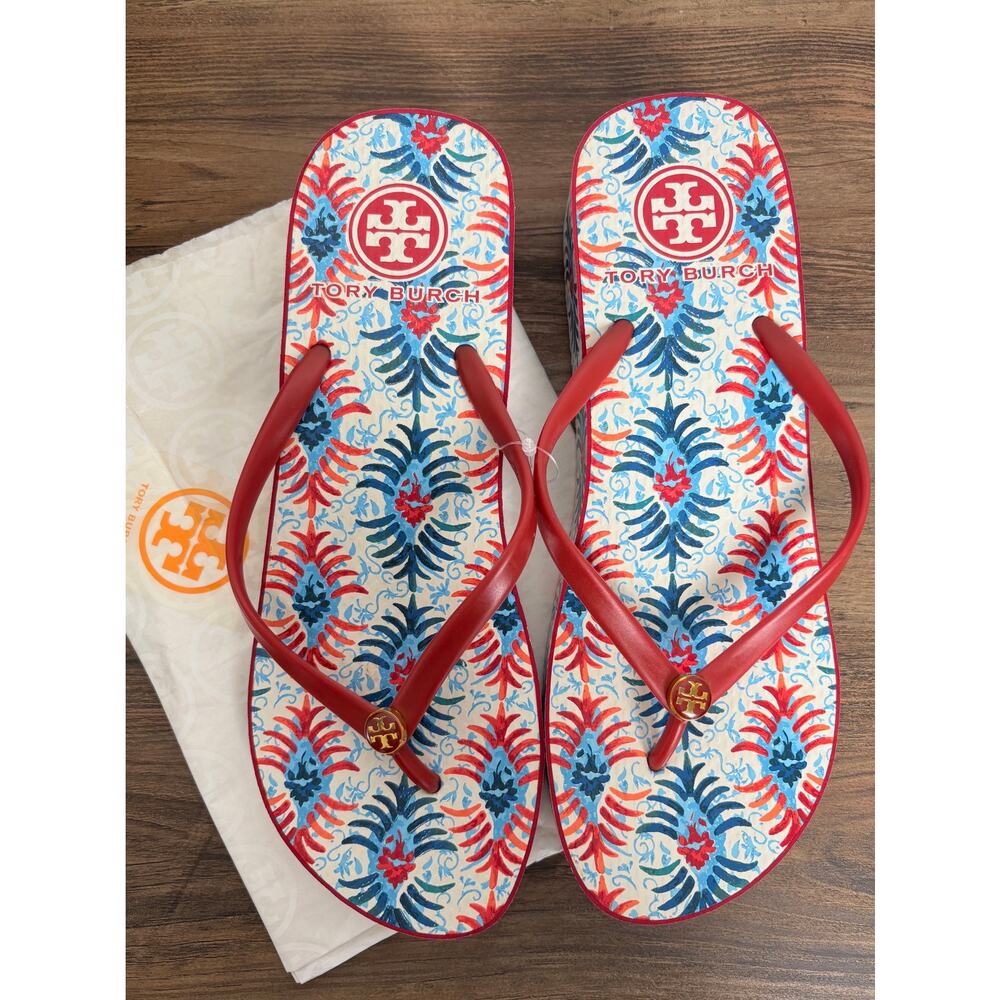 Tory Burch Vintage Rare Tropical Print Wedge Flip Flops Size 10 Logo Medallion